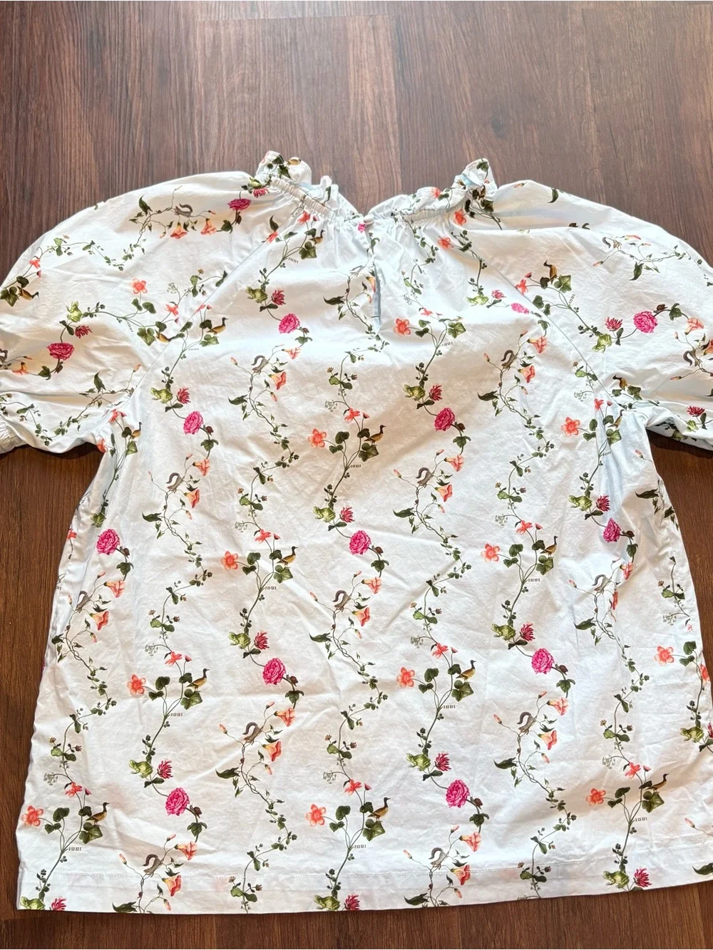 ♾️Hill House Home Floral Bird Print Puff Sleeve Top Cottagecore Coastal Med♾️
